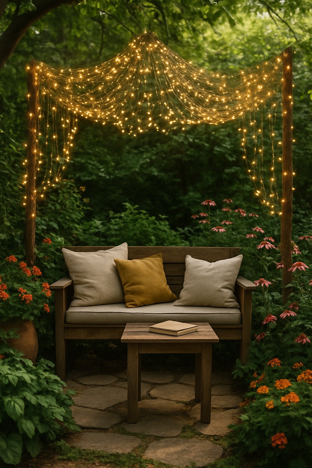 A garden nook with a canopy of fairy lights, surrounded by plants and flowers, featuring a cozy seating area with cushions and a small table.