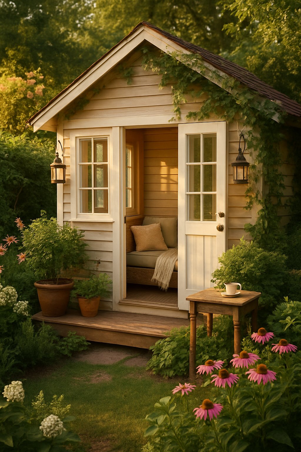 A garden shed converted into a cozy retreat surrounded by plants and flowers with comfortable seating on a small porch.