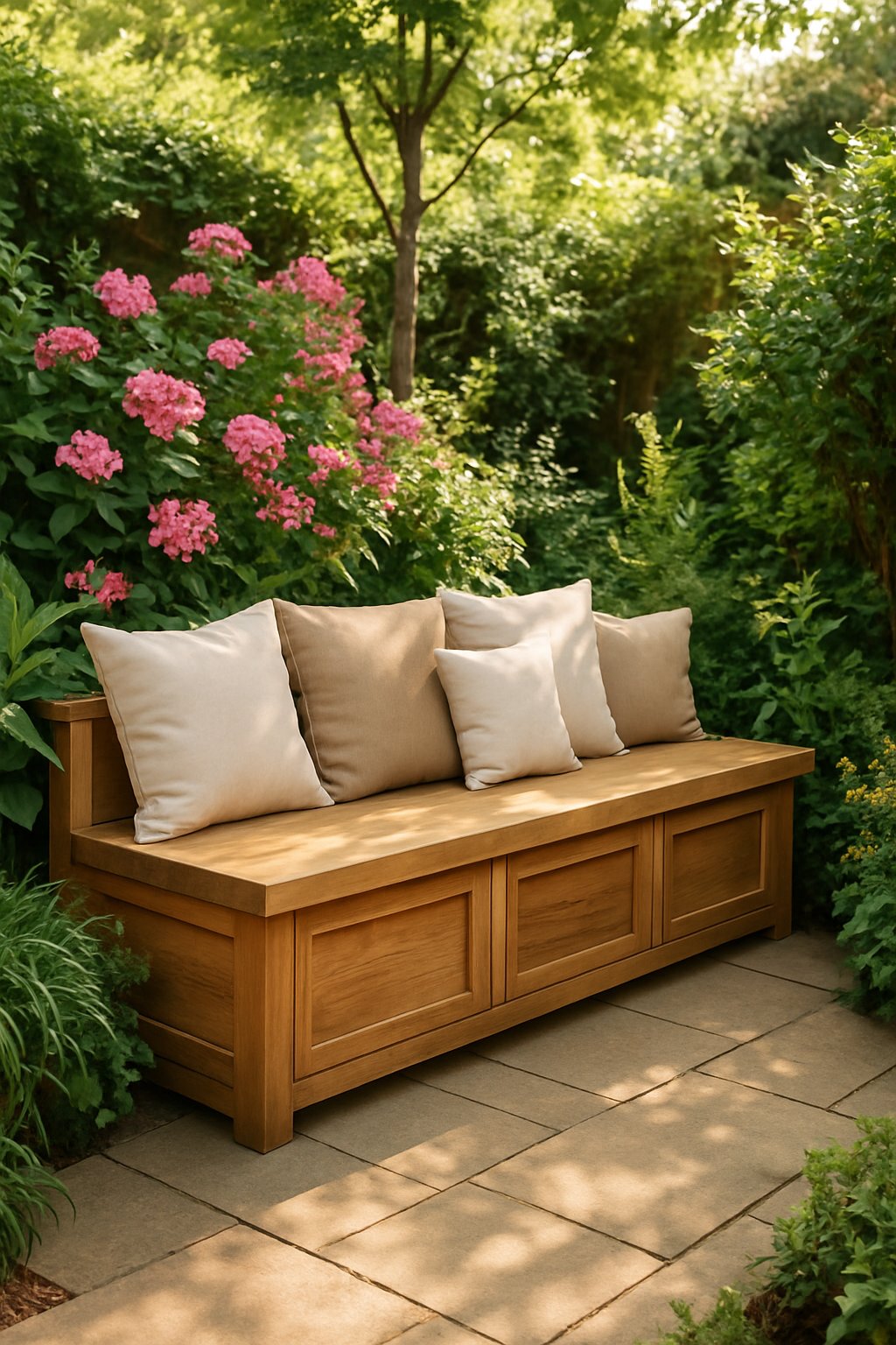 A wooden bench with storage in a garden nook surrounded by green plants and flowers.