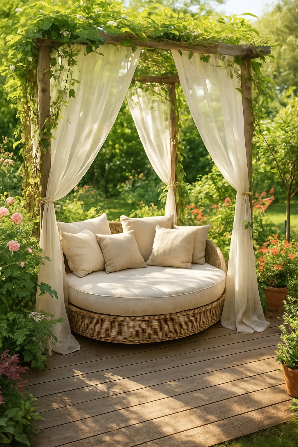 A cozy daybed with sheer curtains surrounded by green plants and flowers in a garden nook.