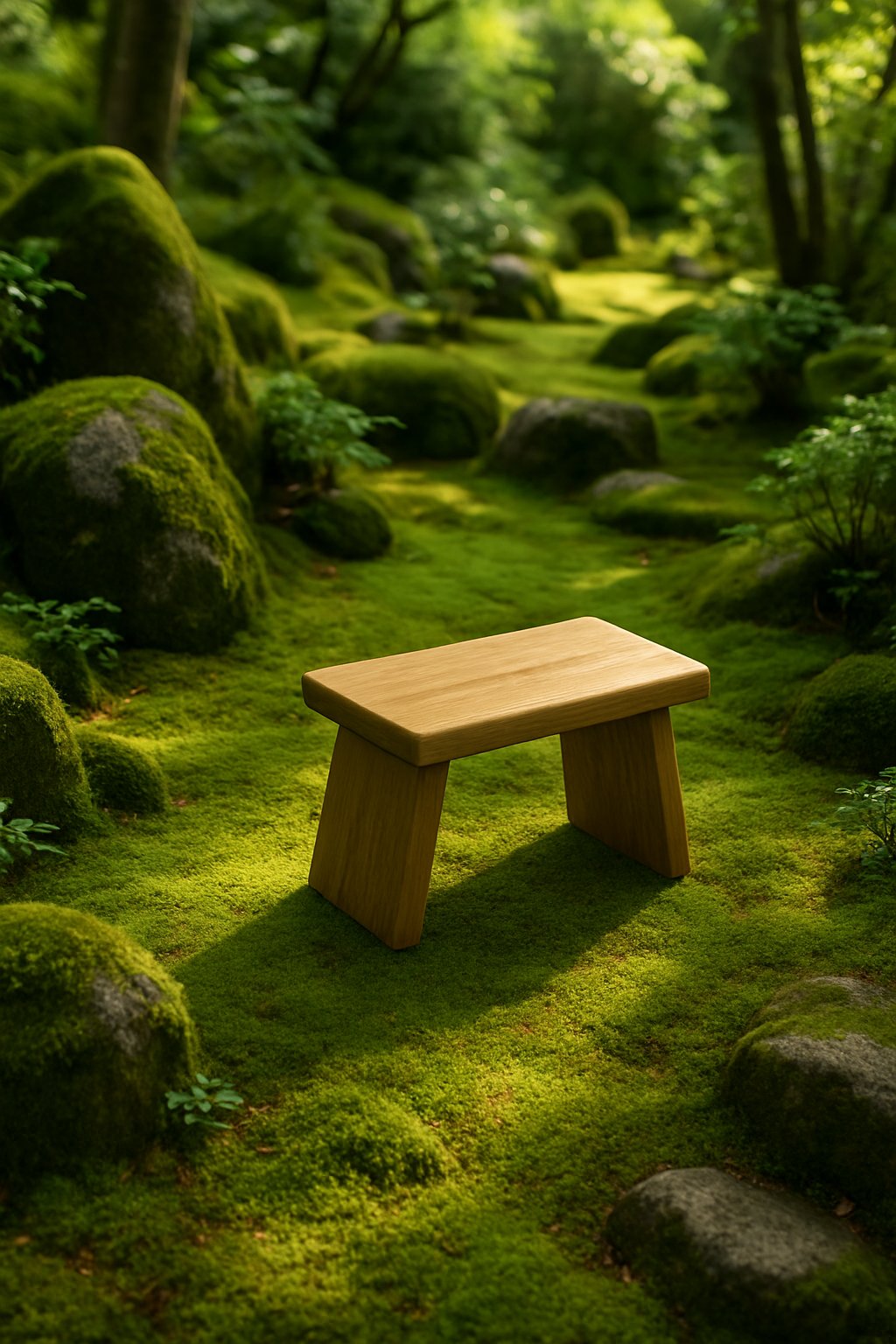 A quiet moss garden with a wooden meditation stool surrounded by green moss and natural rocks.
