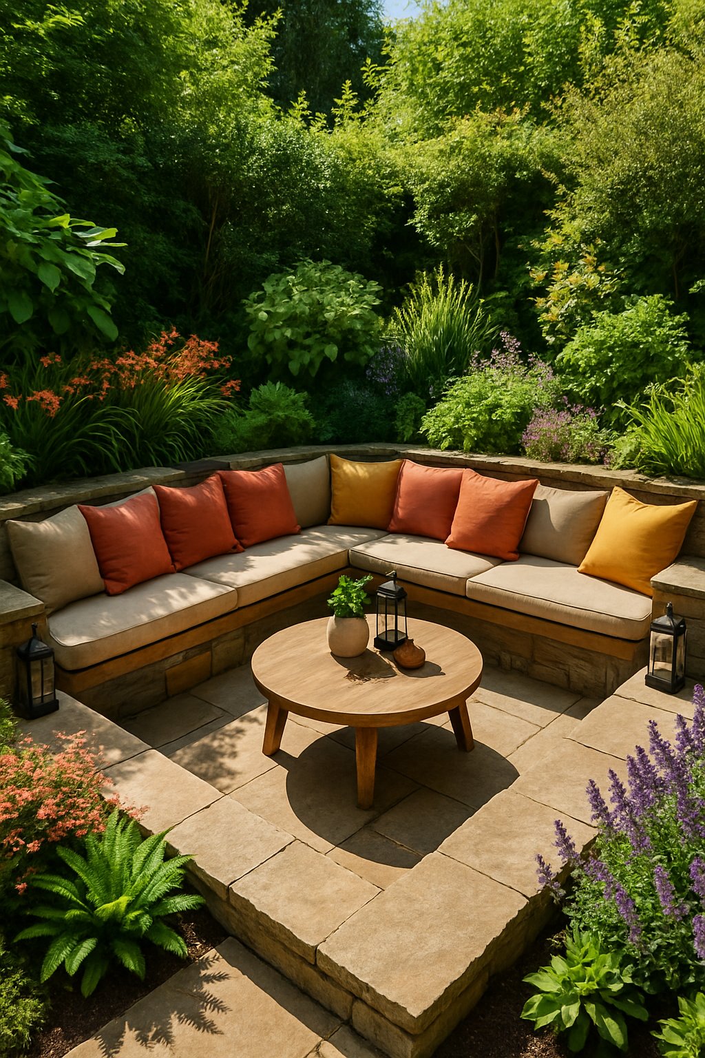 A sunken seating area in a garden surrounded by plants with cushions arranged on built-in benches.