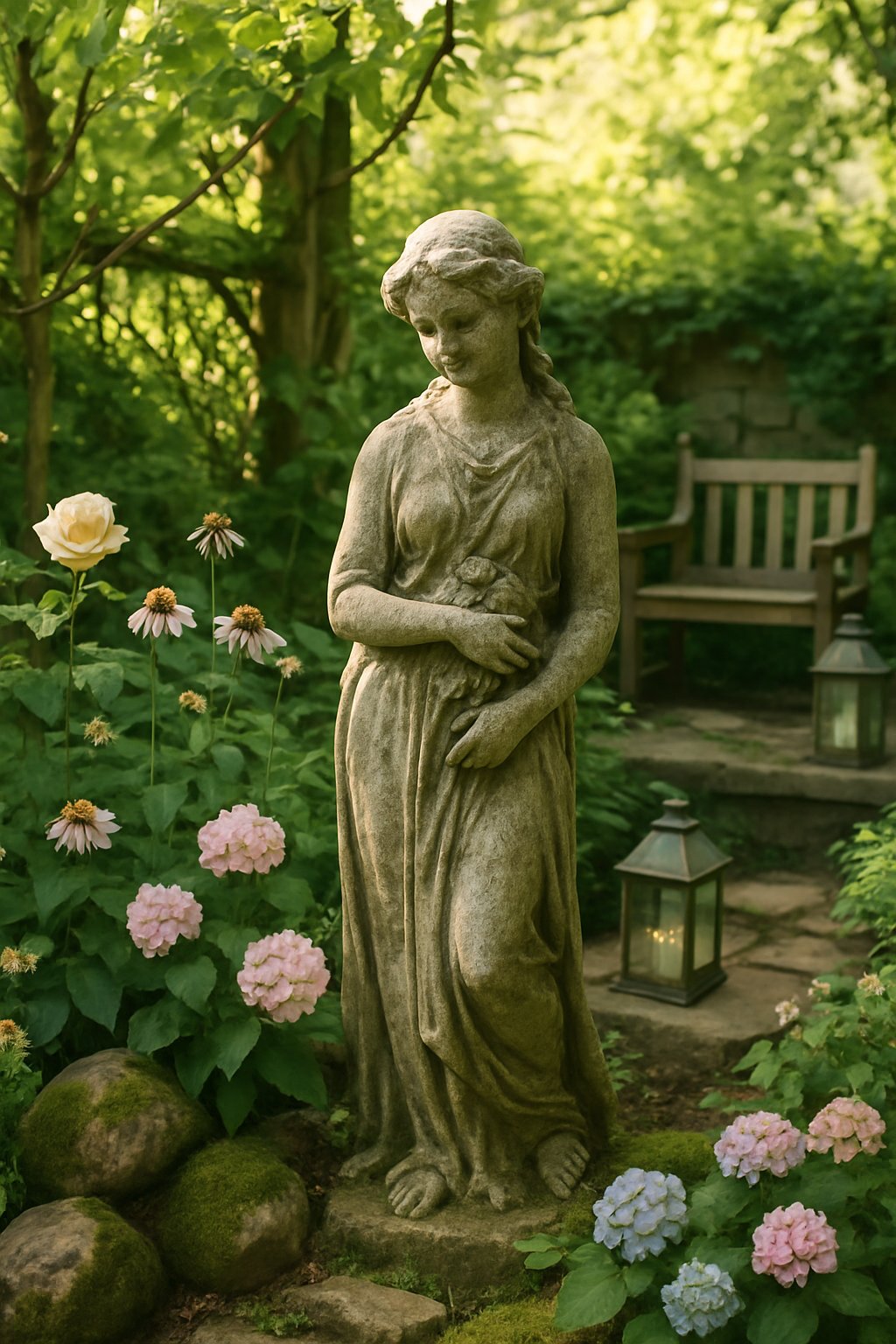 A rustic garden nook with a weathered stone statue surrounded by greenery, flowers, and natural garden elements.