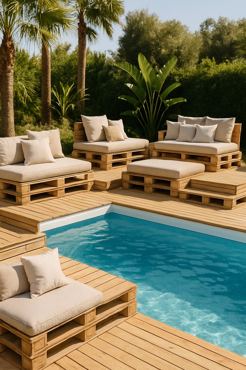 Above ground pool with multi-level wooden pallet seating and cushions surrounded by greenery.