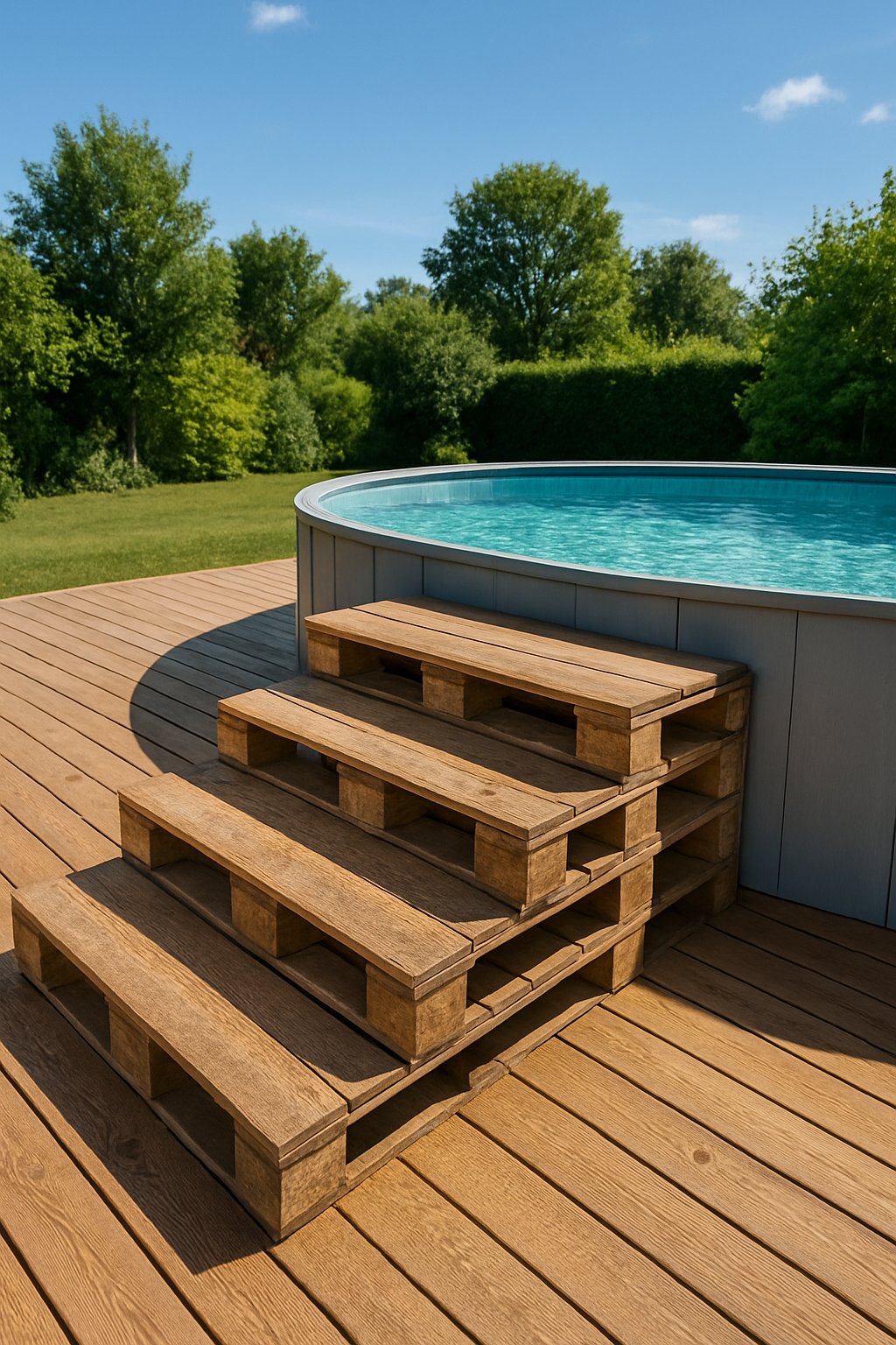 Wide wooden pallet steps leading up to an above ground pool with a matching pallet deck surrounded by greenery.
