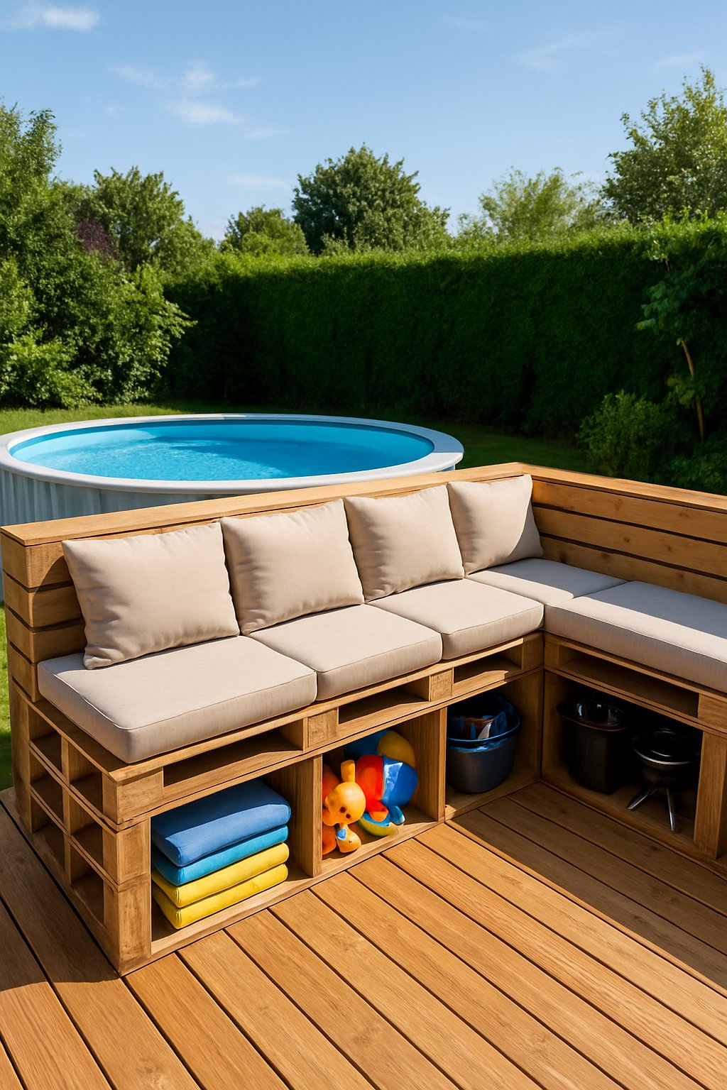 Outdoor deck with built-in pallet seating and storage holding towels, toys, and barbecue items next to an above ground pool.
