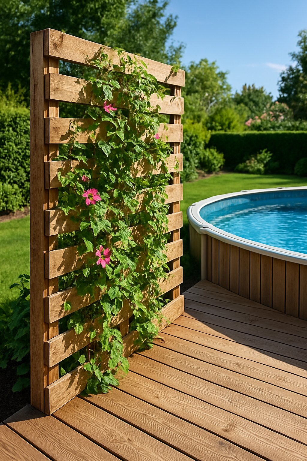 Backyard with a wooden pallet privacy screen covered in climbing plants next to a large wooden deck surrounding an above-ground pool.