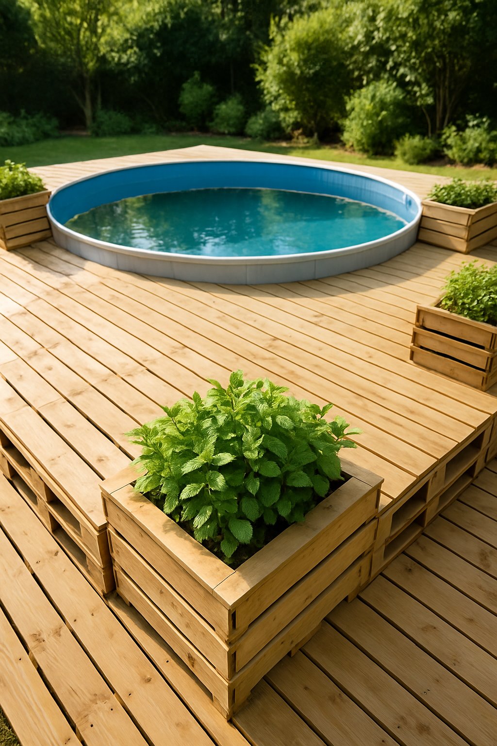 A wooden deck made of pallets surrounding an above-ground pool with green plants and mint growing in planters along the deck edges.