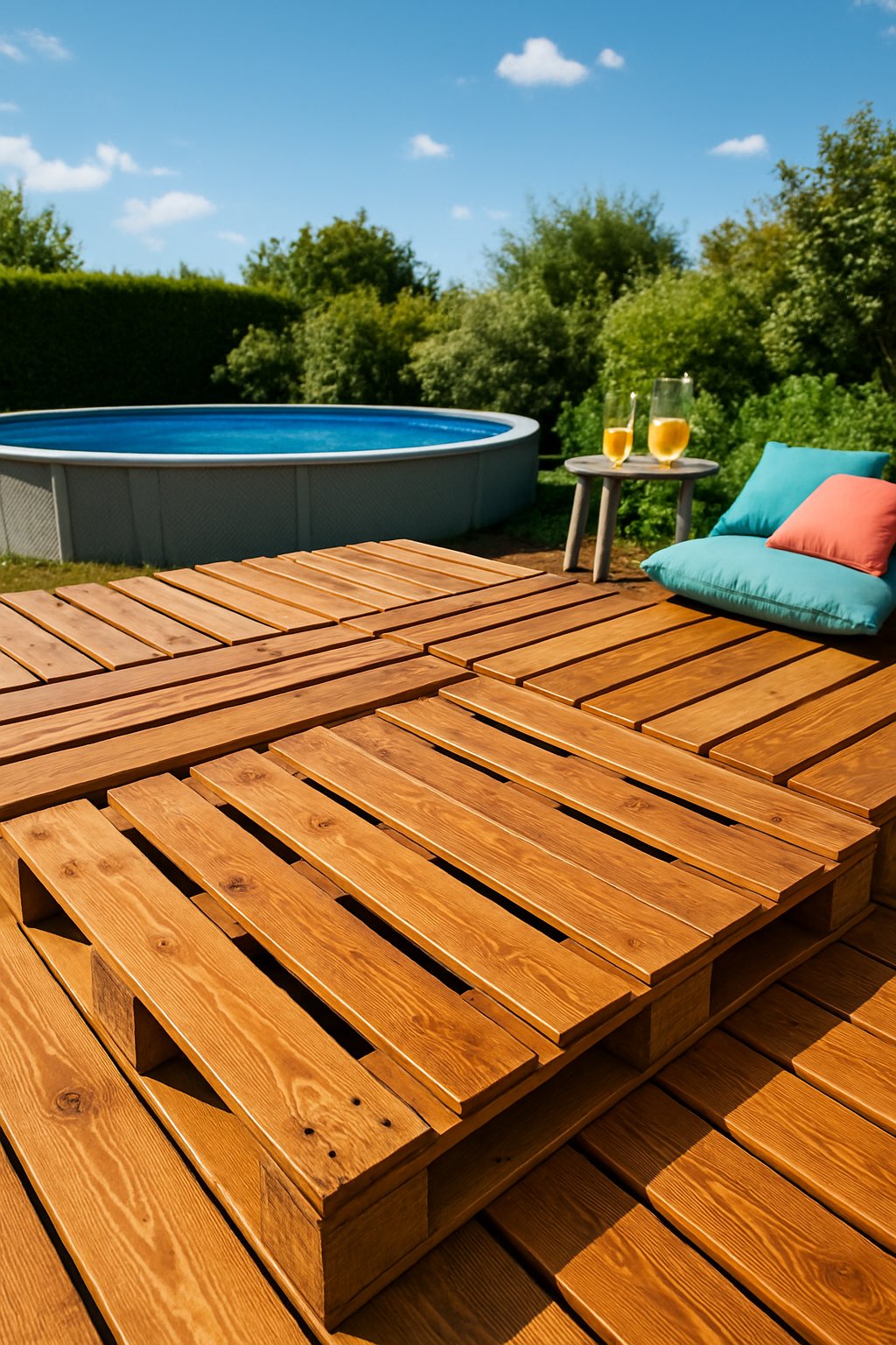Wooden pallet deck around an above-ground pool with outdoor sealant, set in a sunny backyard with summer party decorations.