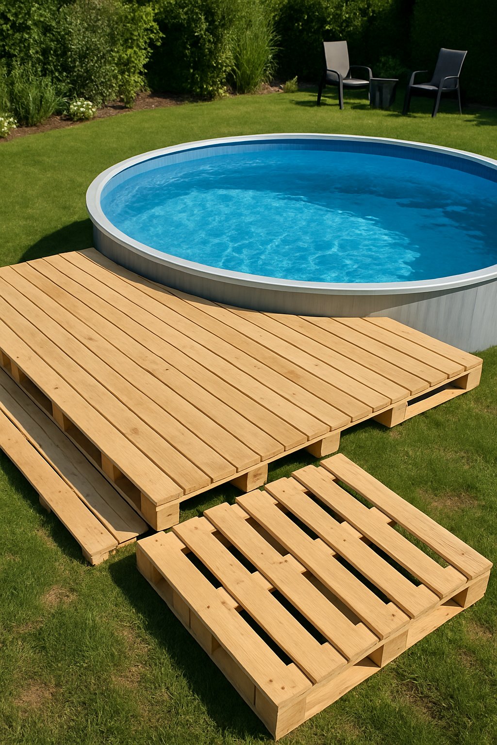 A wooden pallet deck partially detached and moved away from a circular above ground pool in a backyard with green grass and garden plants.