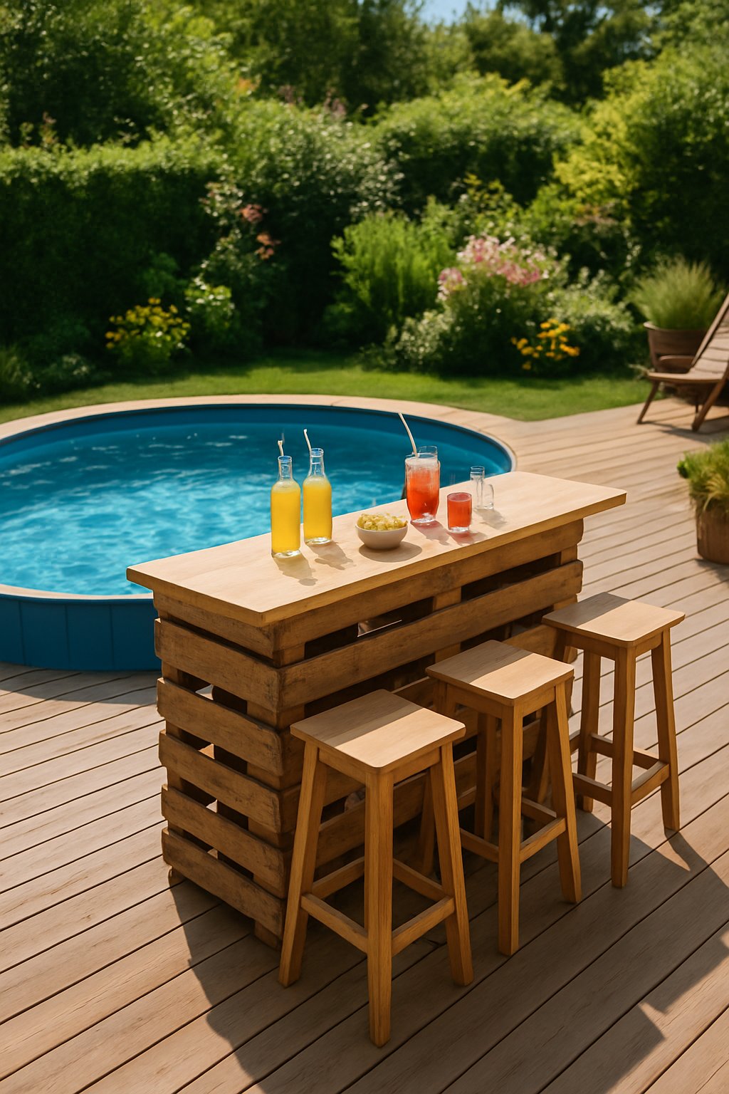 Outdoor pallet bar on a wooden deck beside an above ground pool with drinks and seating, surrounded by plants.