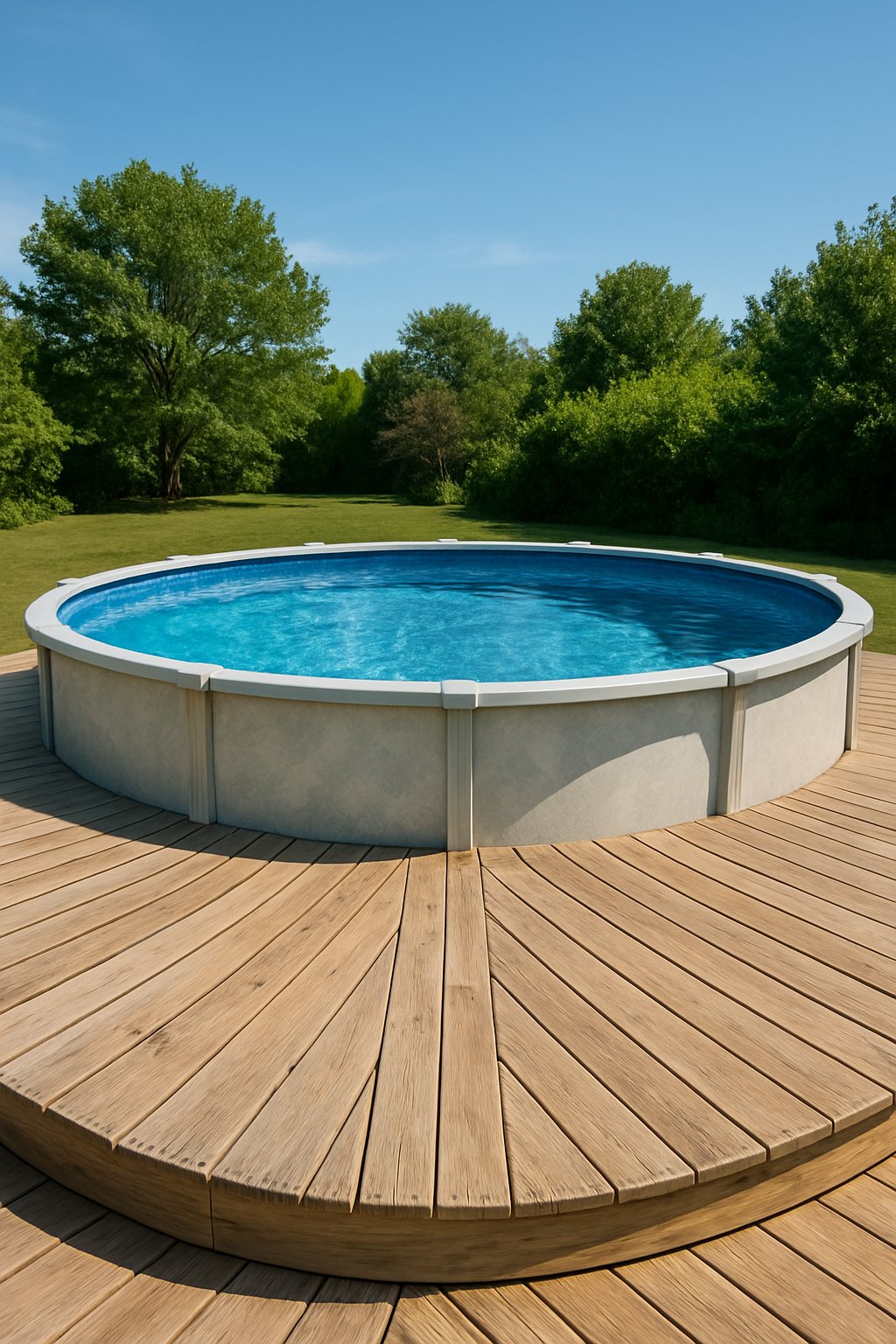Backyard with a driftwood-colored wooden pallet deck surrounding a clear above-ground pool, with green plants and blue sky in the background.