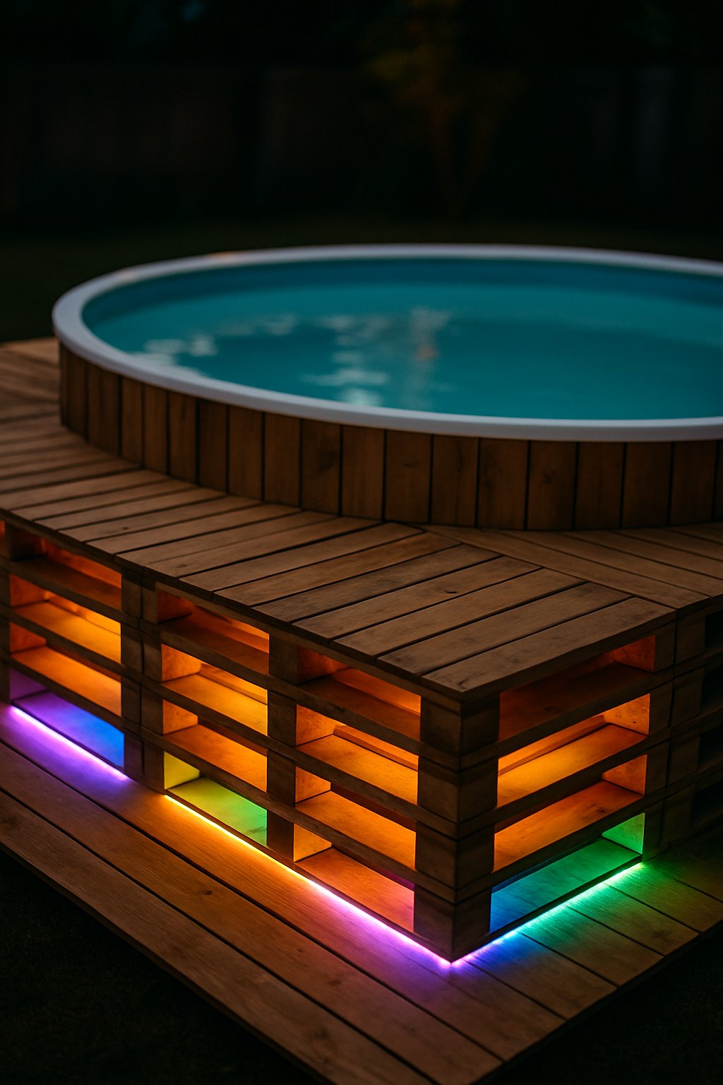An above-ground pool surrounded by a wooden pallet deck illuminated by colorful LED strip lights glowing underneath at night.