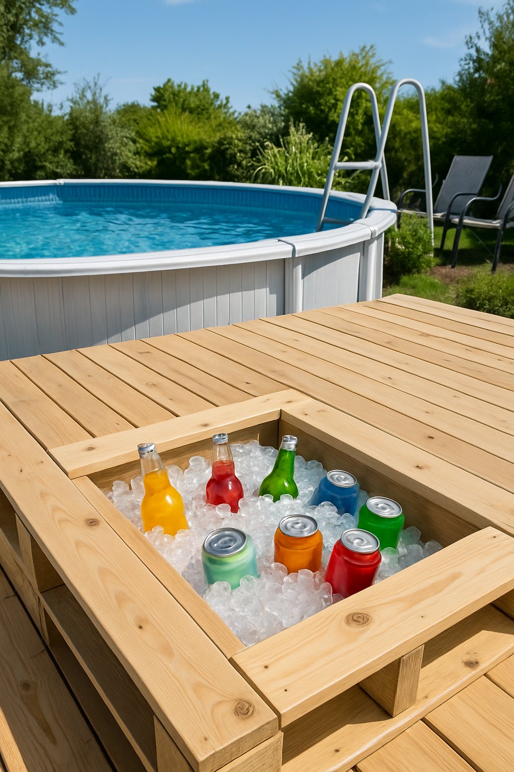 Wooden pallet deck next to an above ground pool with a built-in cooler hole filled with ice and drinks on a sunny day.