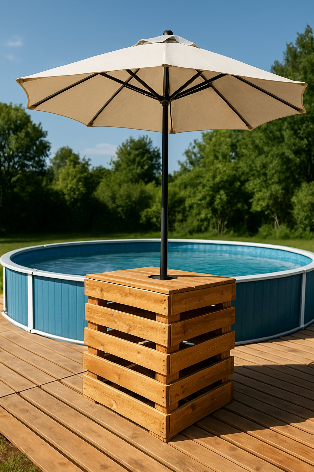A wooden pallet umbrella stand next to an above ground pool with a pallet deck and an open umbrella providing shade.