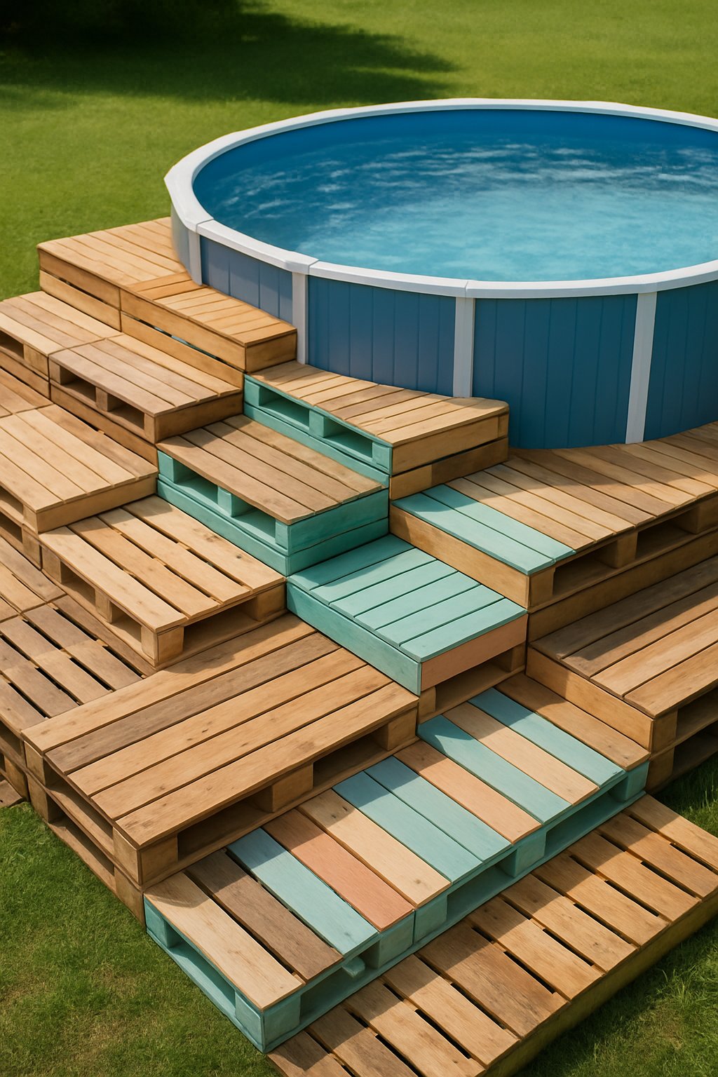 A layered wooden pallet deck built around an above-ground pool in a sunny backyard.