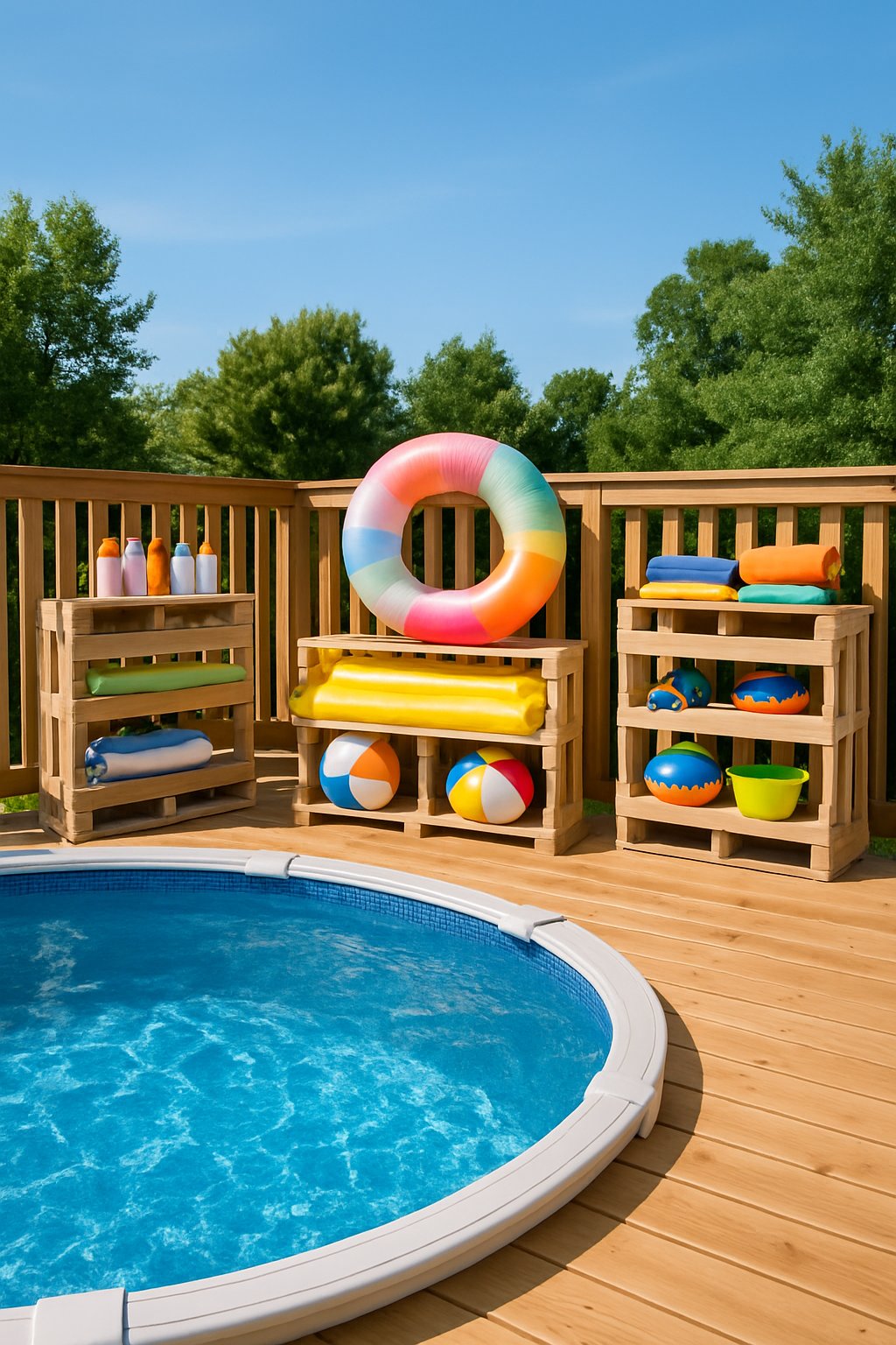 Above ground pool deck with pallet shelves holding sunscreen, pool floats, and pool accessories around the perimeter under a sunny sky.
