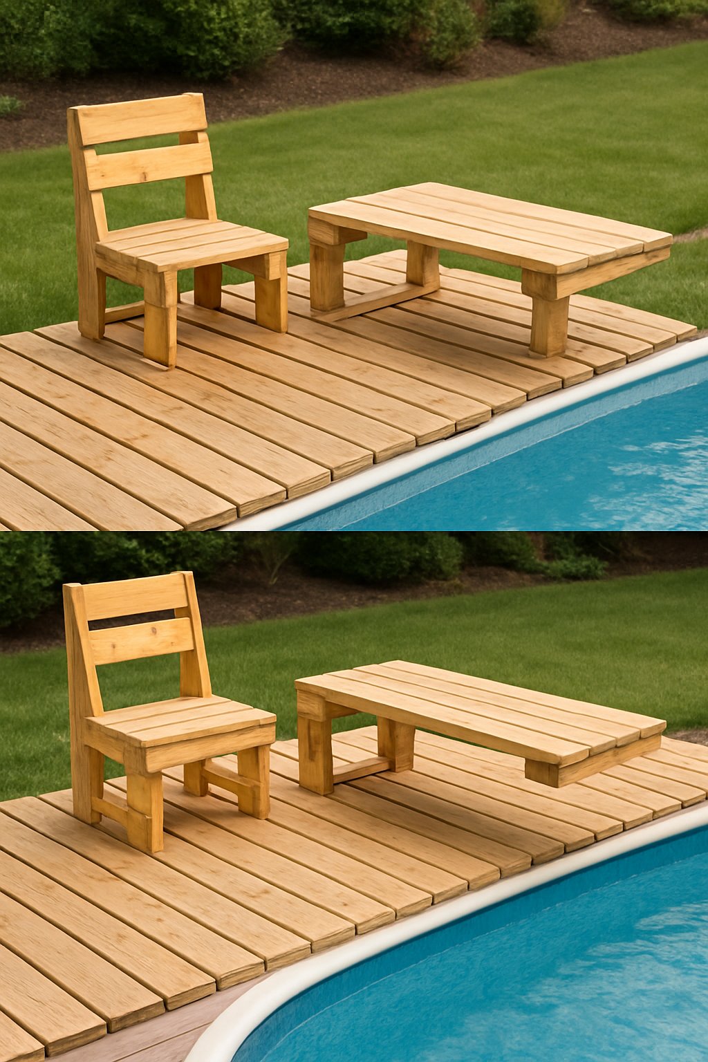A wooden fold-up pallet bench next to an above-ground pool, shown both folded and unfolded as a diving board platform.