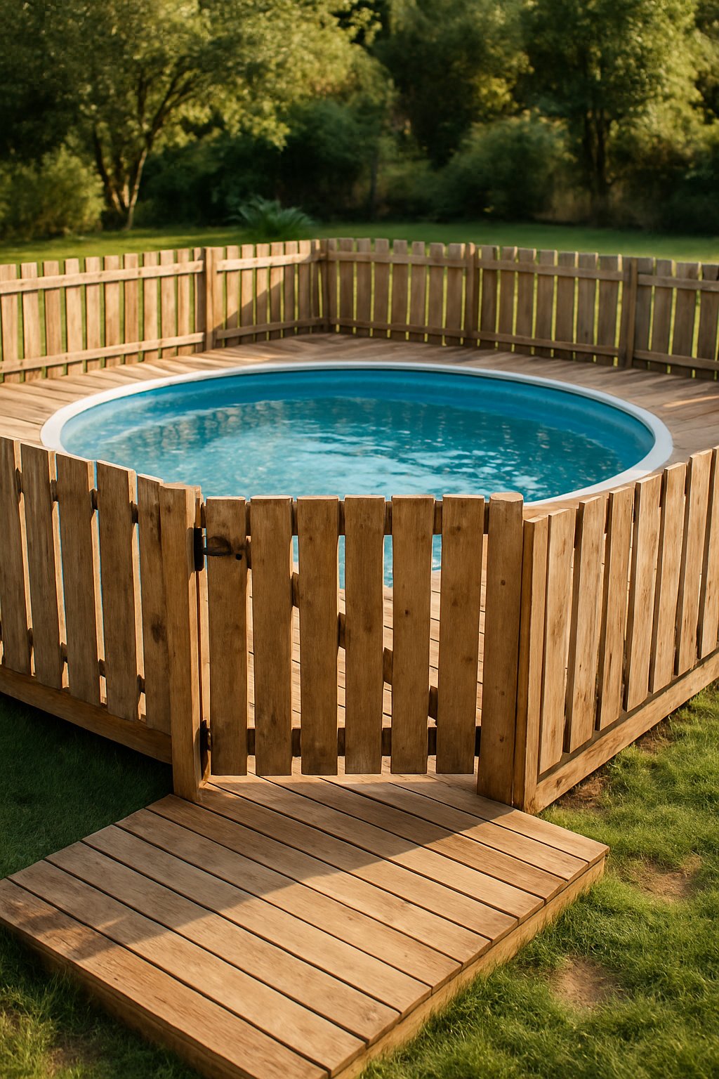 An above-ground pool surrounded by a wooden pallet fence and deck in a sunny backyard.