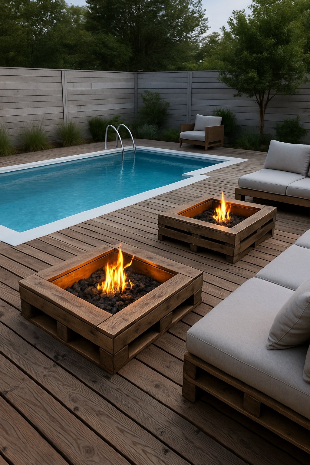 An above-ground pool with a wooden pallet deck featuring built-in sunken fire pits next to the water, surrounded by outdoor seating and greenery.