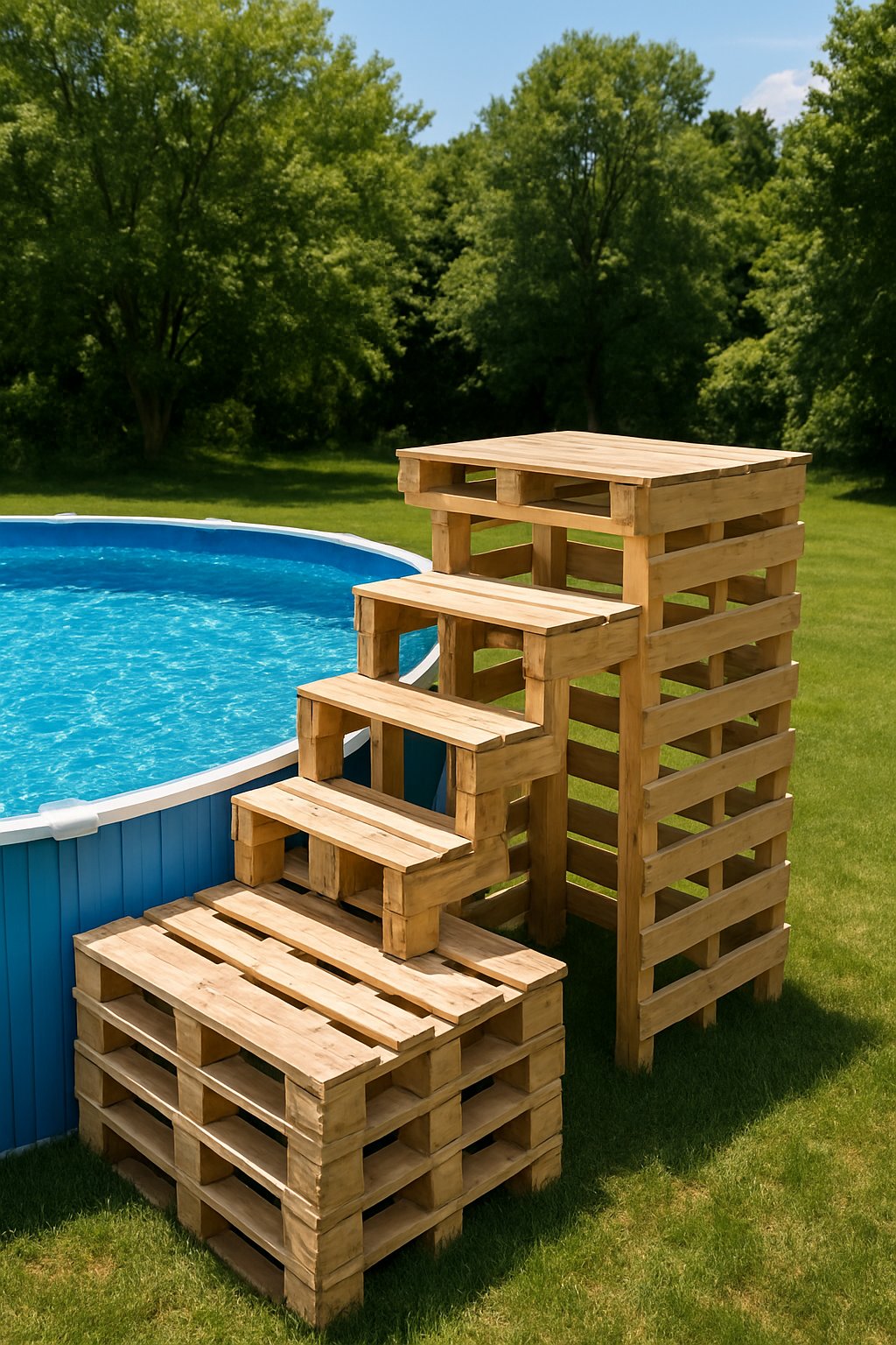 An above ground pool with a wooden pallet ladder platform beside it, surrounded by grass and trees.
