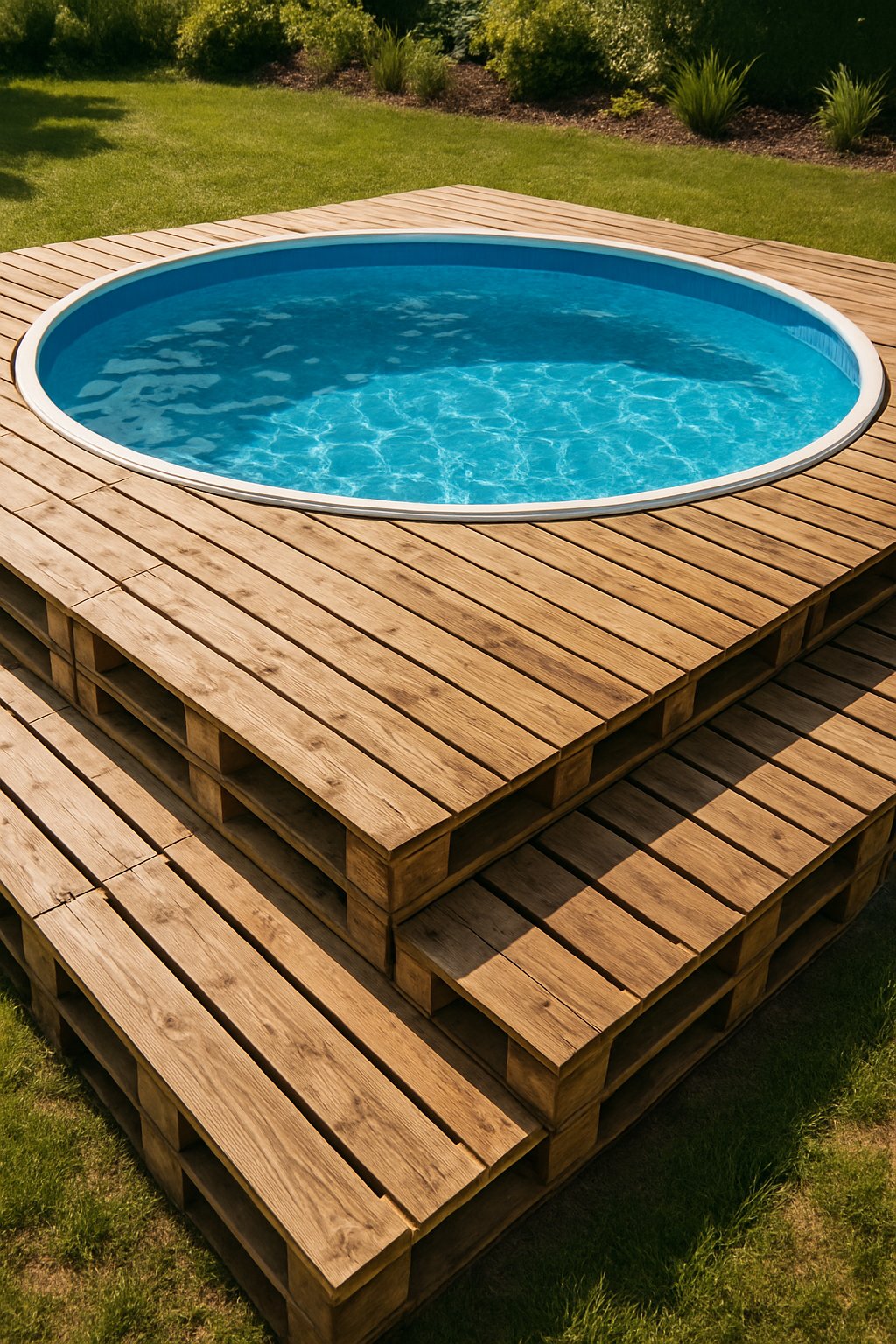 An above ground swimming pool surrounded by wooden pallet decking with clear water and green grass around it.