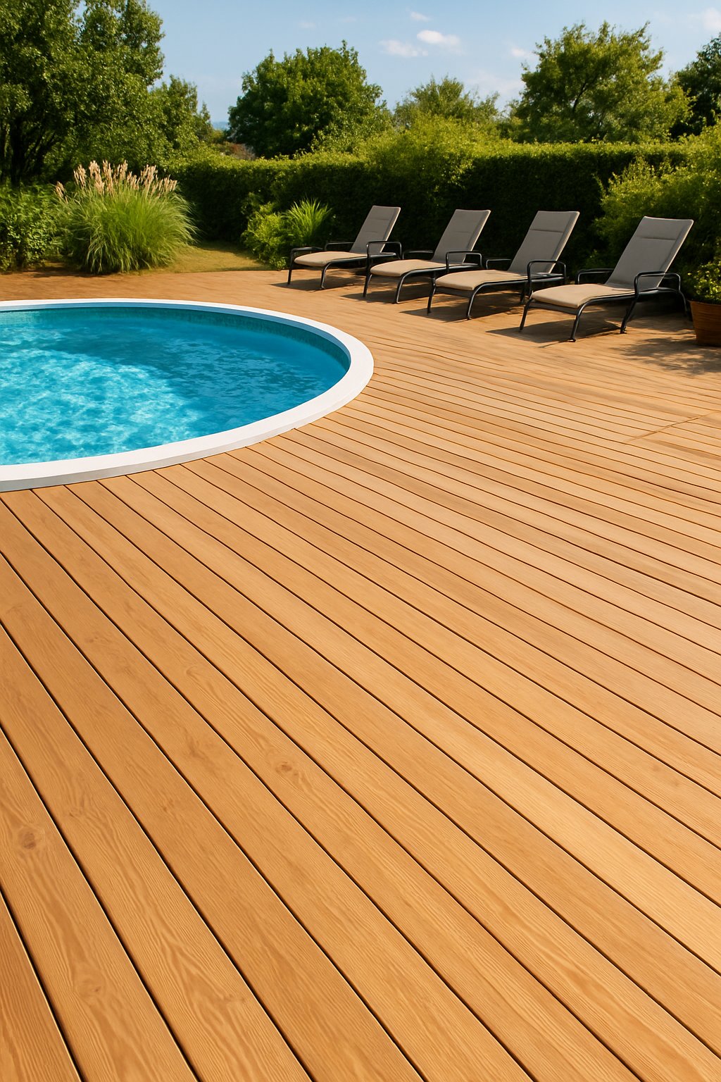 Outdoor wooden deck made from smooth heat-treated pallets surrounding an above-ground swimming pool with lounge chairs and greenery.