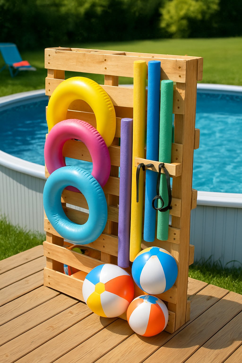 A wooden vertical pallet organizer holding colorful pool toys next to an above ground pool on a sunny day.
