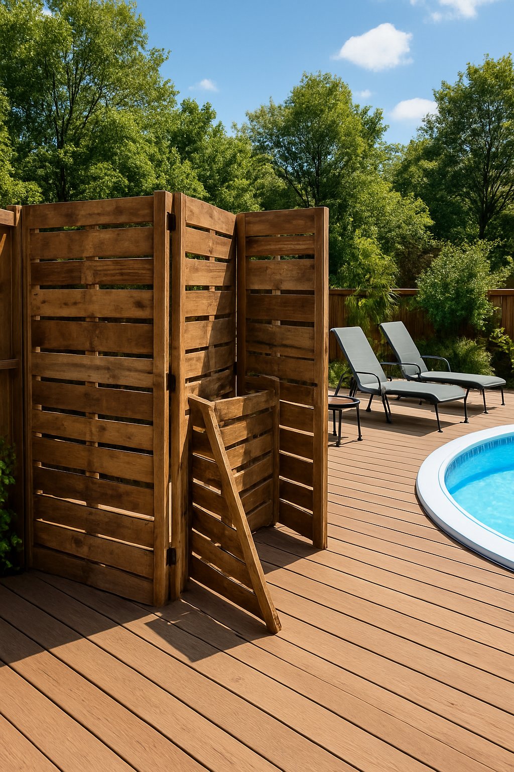 A backyard deck with pallet wood folding screens partially open, surrounding an above-ground pool area with outdoor furniture and greenery.