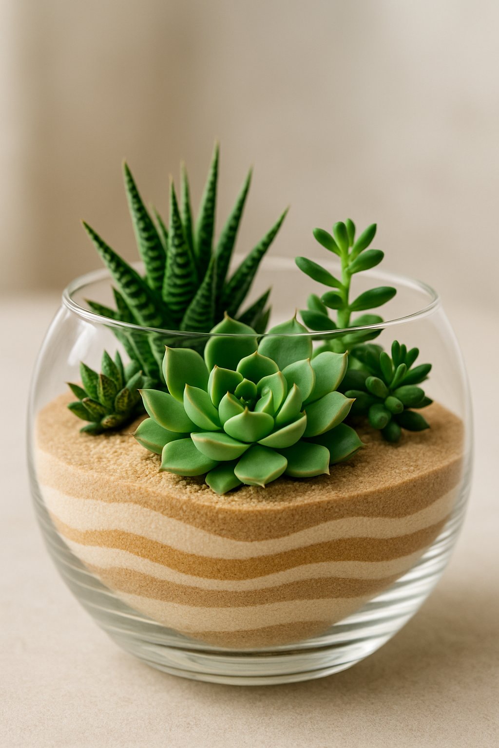 Mini desert terrarium with small succulents planted in layered sand inside a clear glass container.