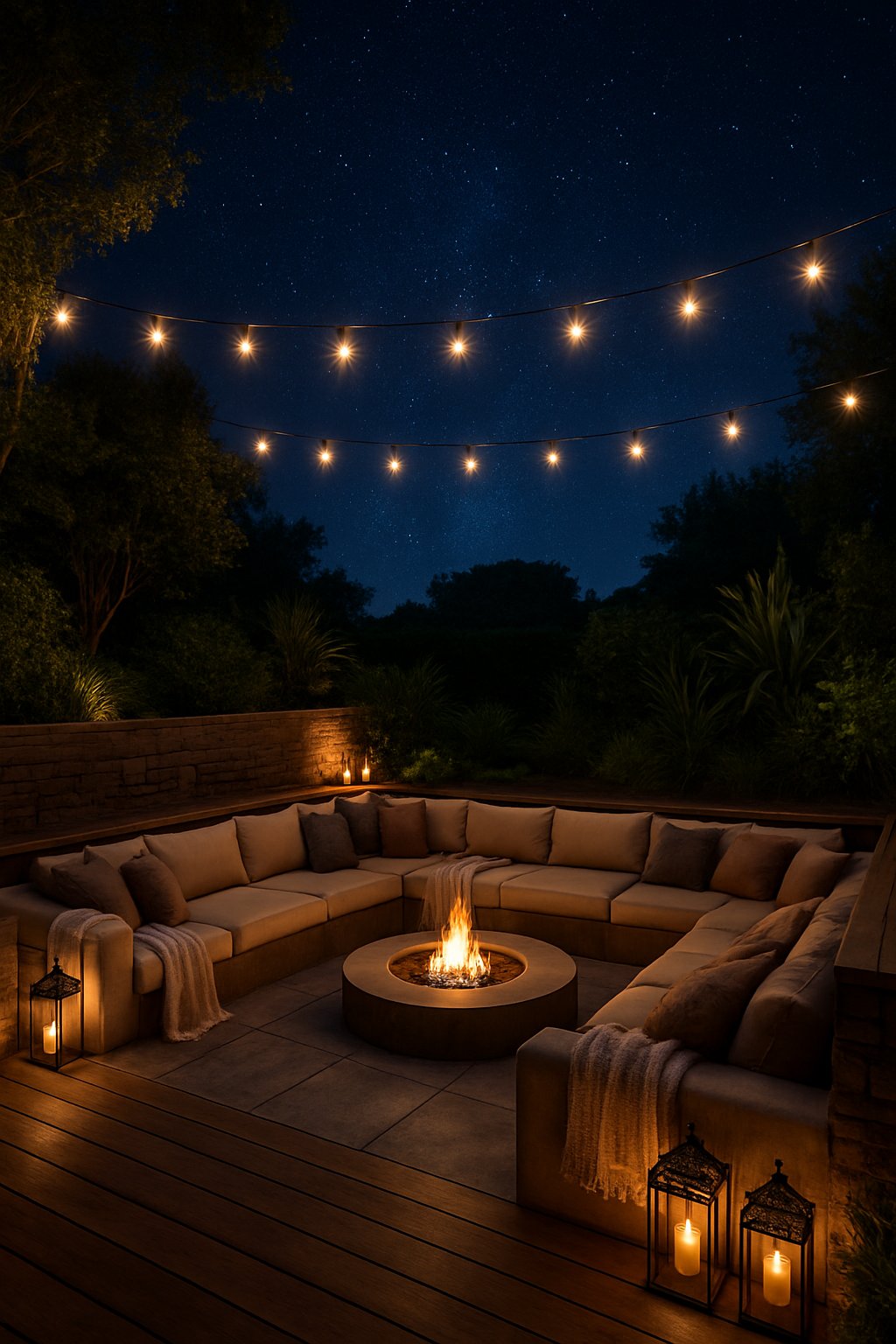A sunken outdoor seating area with cushions and warm lights under a starry night sky.