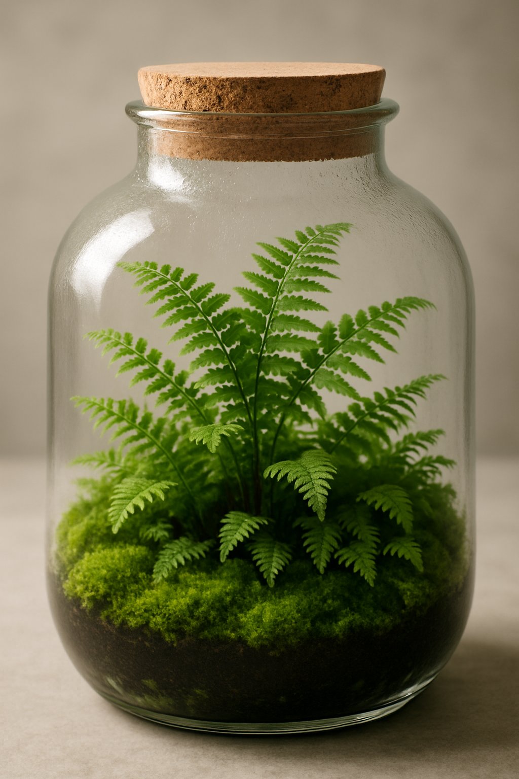 A closed glass terrarium containing green ferns and moss.