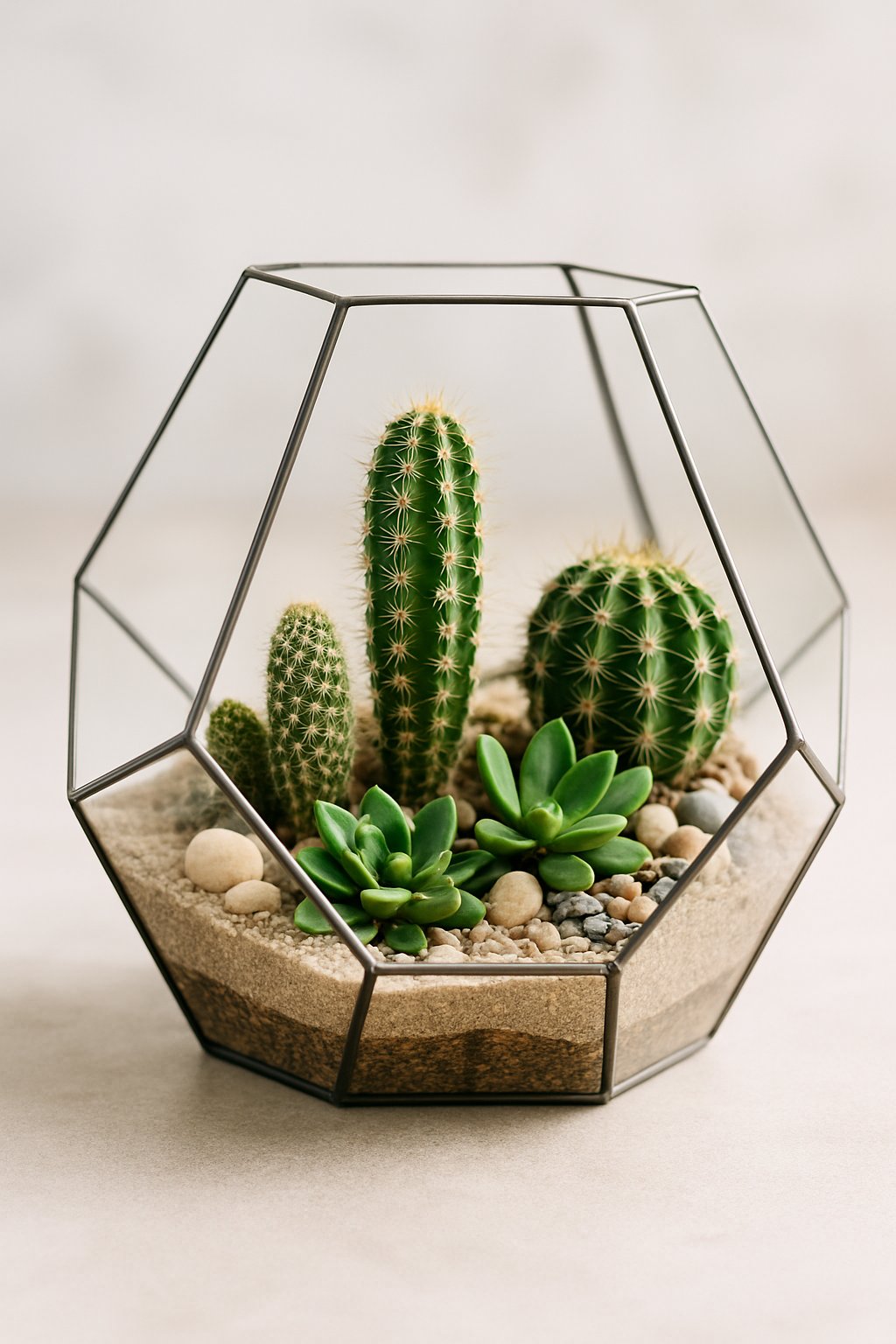 Open air cactus terrarium inside a geometric glass container with small cacti and succulents on sandy soil.