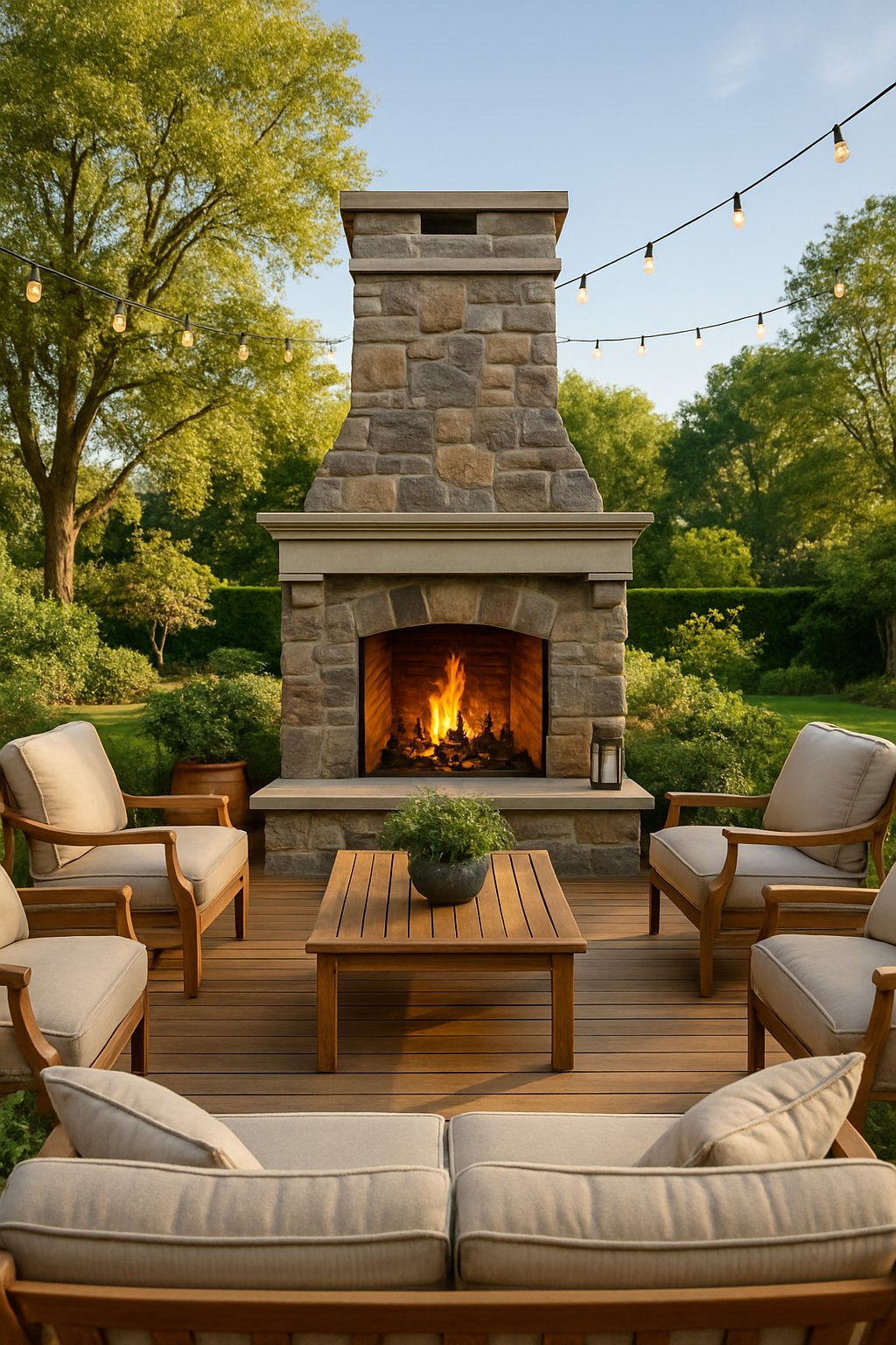 Outdoor living area with a large stone fireplace, comfortable seating, plants, and a garden in the background.