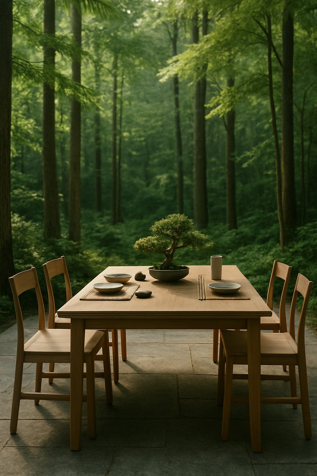 An outdoor dining table and chairs set in a peaceful forest surrounded by tall green trees and natural light.