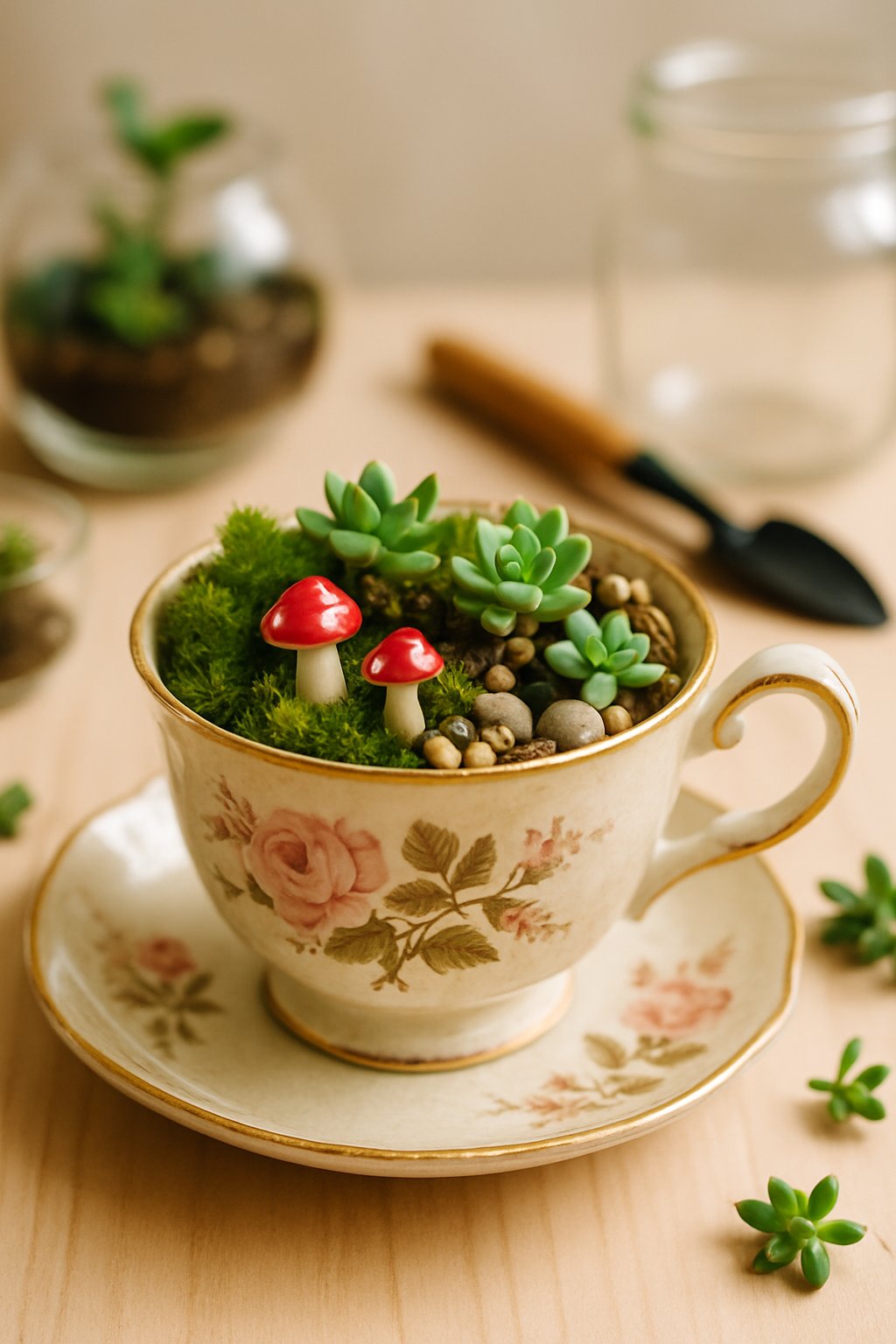 A vintage floral teacup filled with moss and small plants arranged as a miniature terrarium on a wooden surface with blurred craft supplies in the background.