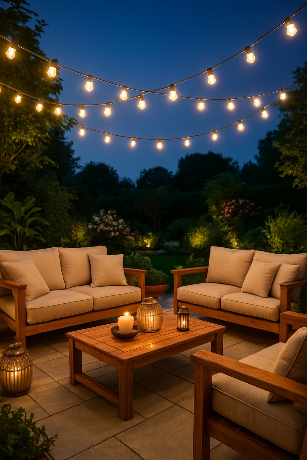 Outdoor living space with string lights, comfortable seating, plants, and a garden at dusk.