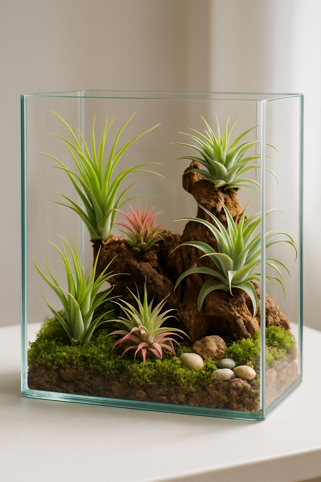 A glass aquarium repurposed as a terrarium with green air plants, wood pieces, moss, and stones inside.