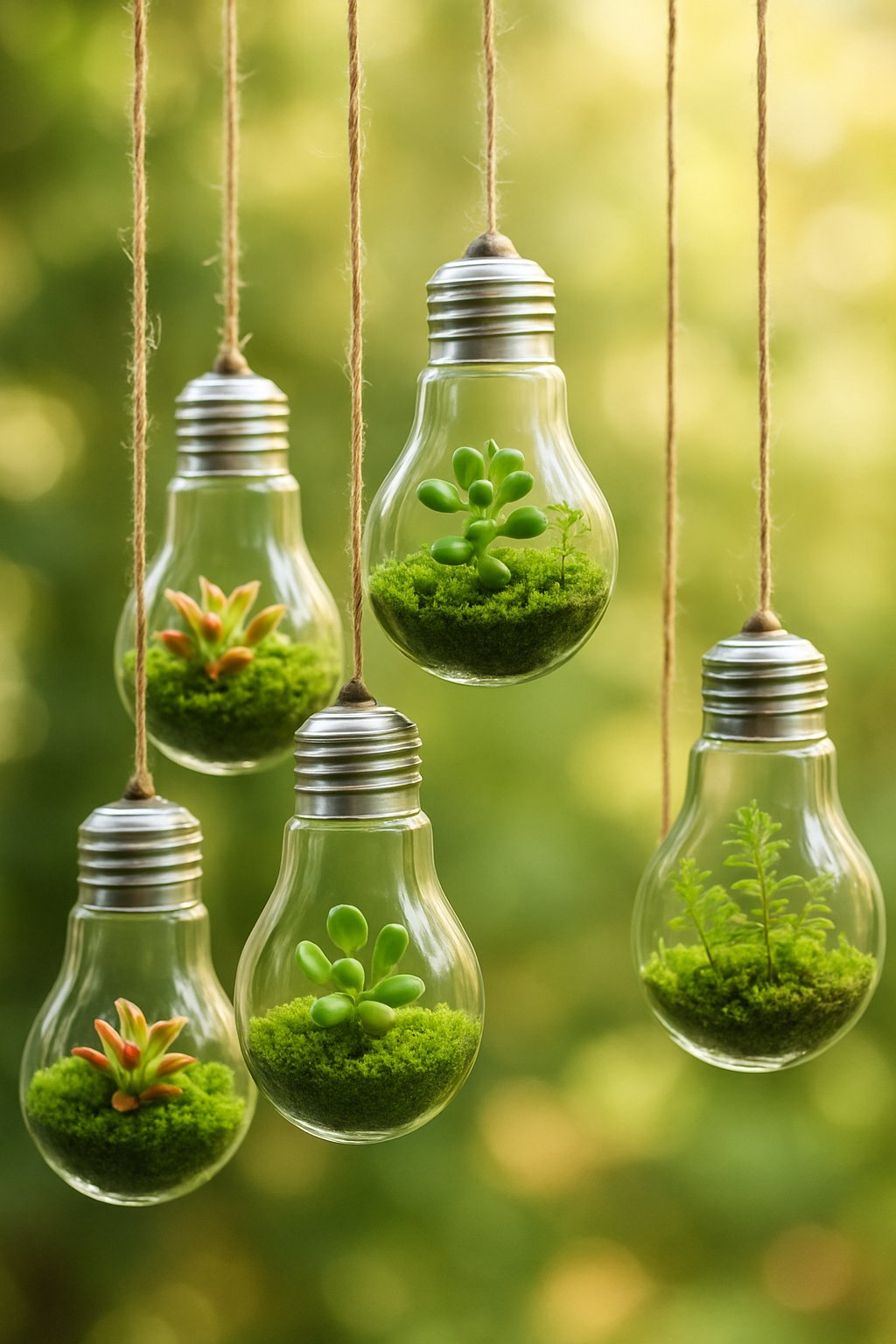 Several lightbulb terrariums filled with small green plants hanging by strings against a blurred natural background.