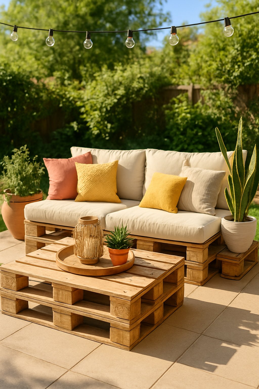 Outdoor living space with pallet furniture, cushions, plants, and string lights in a sunny backyard.