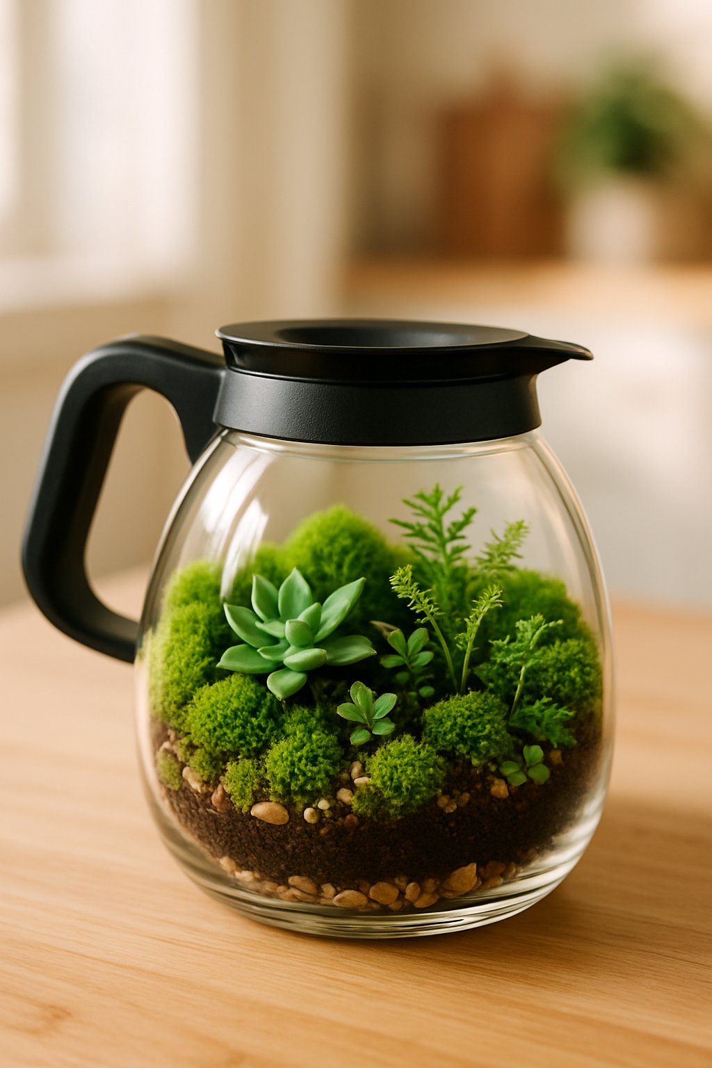 A clear glass coffee pot filled with green moss, small succulents, and pebbles, placed on a wooden surface with soft natural light.