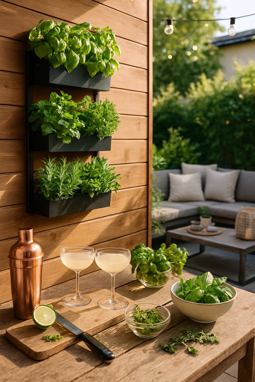Outdoor living space with a vertical herb garden and a table set with fresh herbs and cocktail ingredients.