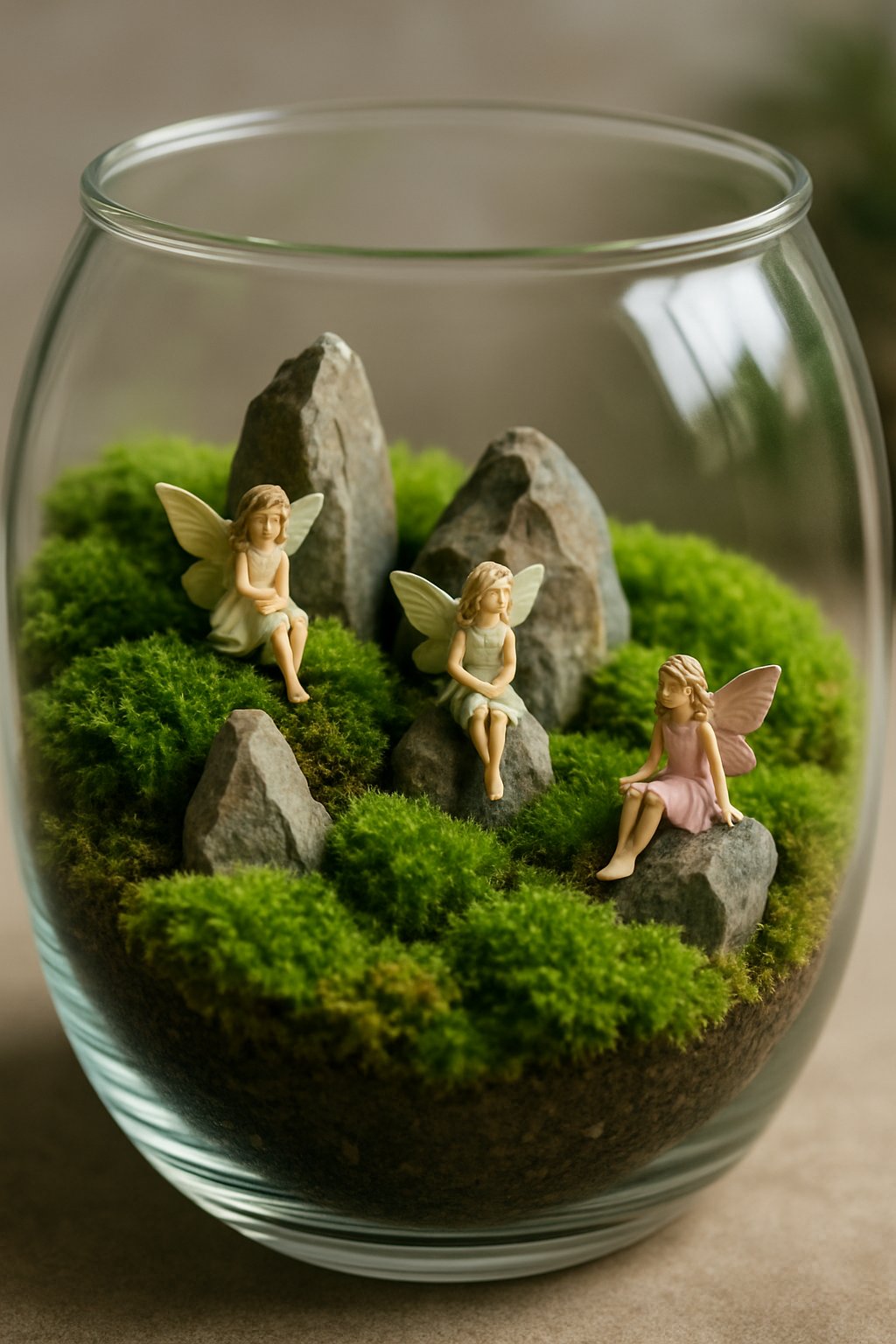 A terrarium with green moss, stones, and small fairy figurines arranged inside.