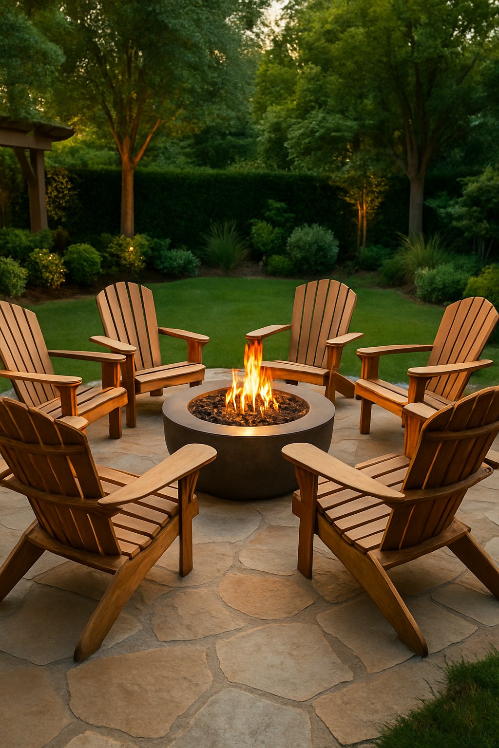 An outdoor patio with a fire pit surrounded by six wooden Adirondack chairs and greenery in the background.