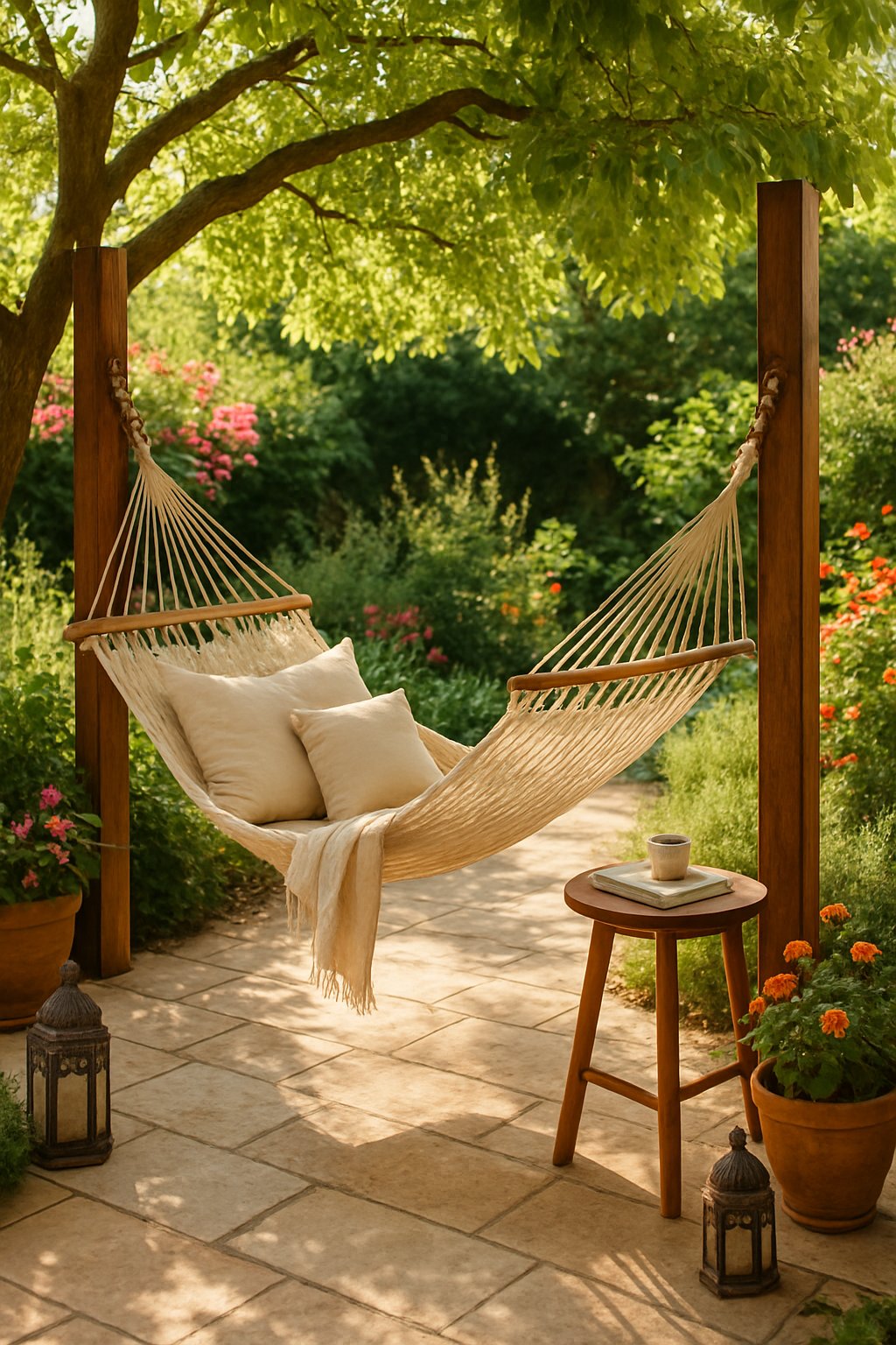 A hammock set up in a shaded outdoor garden nook surrounded by plants and a small side table with a cup and book.