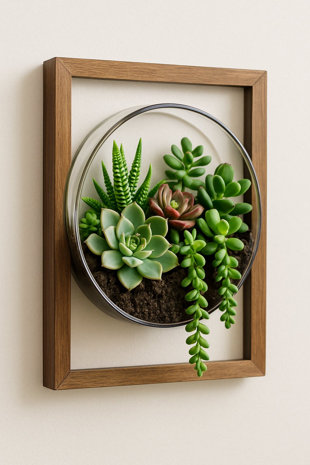 Wall-mounted glass terrarium filled with a variety of small succulents on a light-colored wall.