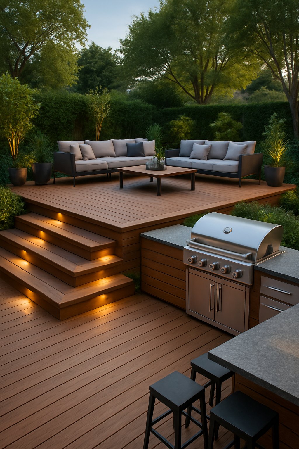 A multi-level wooden deck in an outdoor living space with a lounge area on the upper level and a grill station on the lower level surrounded by greenery.