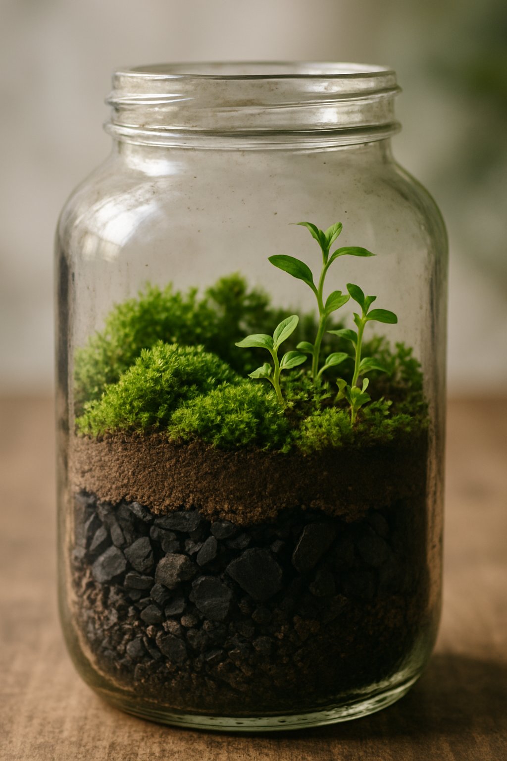 Close-up of an old glass jar terrarium with layers of charcoal and soil, containing green plants and moss inside.
