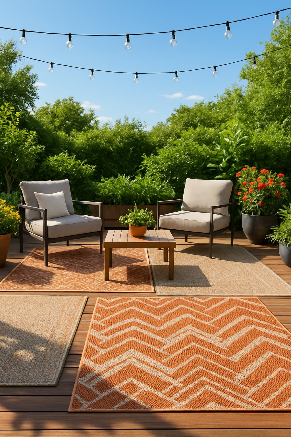 Outdoor patio with weatherproof rugs, cushioned chairs, a coffee table, and plants under a clear sky.