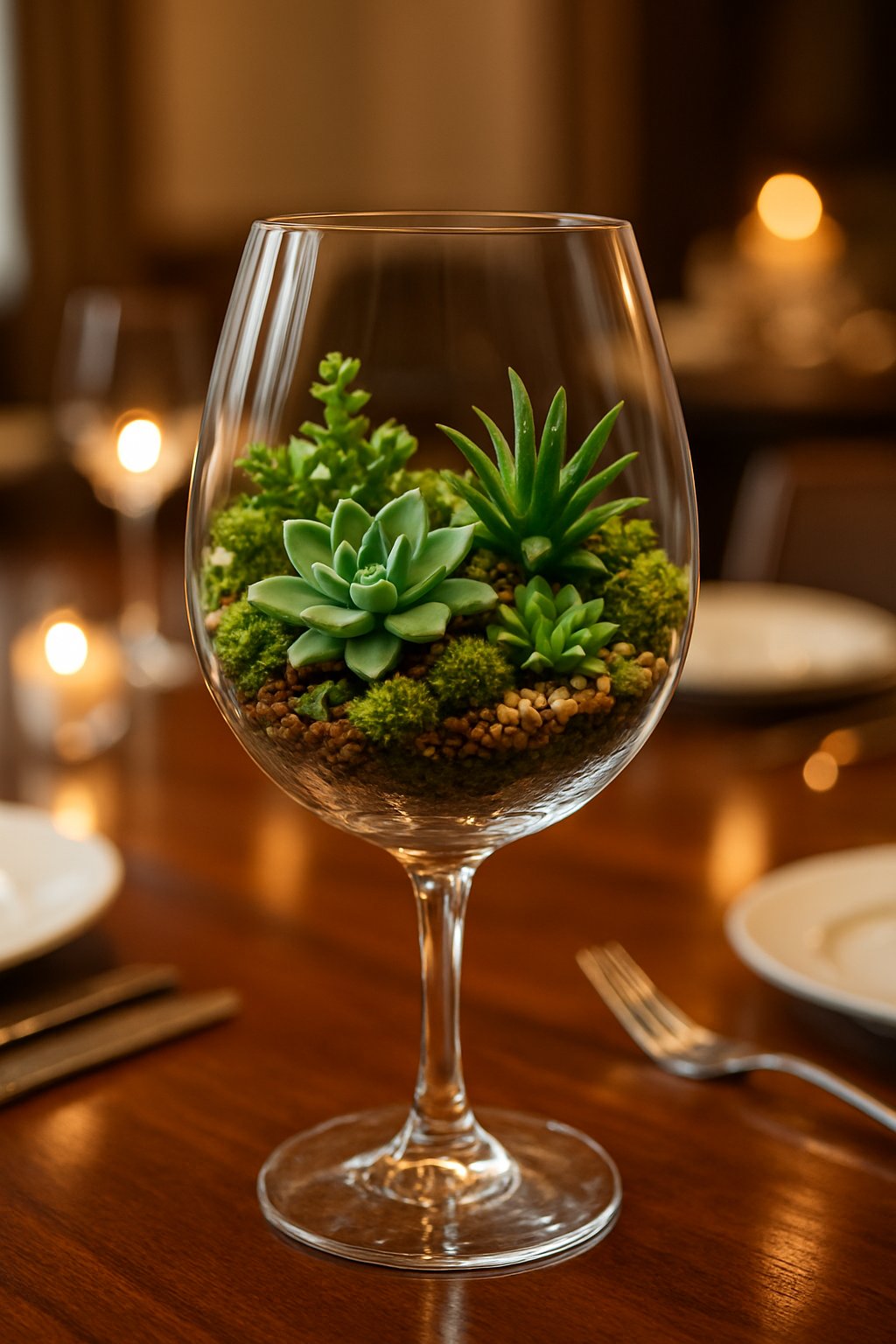 A wine glass terrarium filled with succulents and moss as a centerpiece on a dining table set for a dinner party.